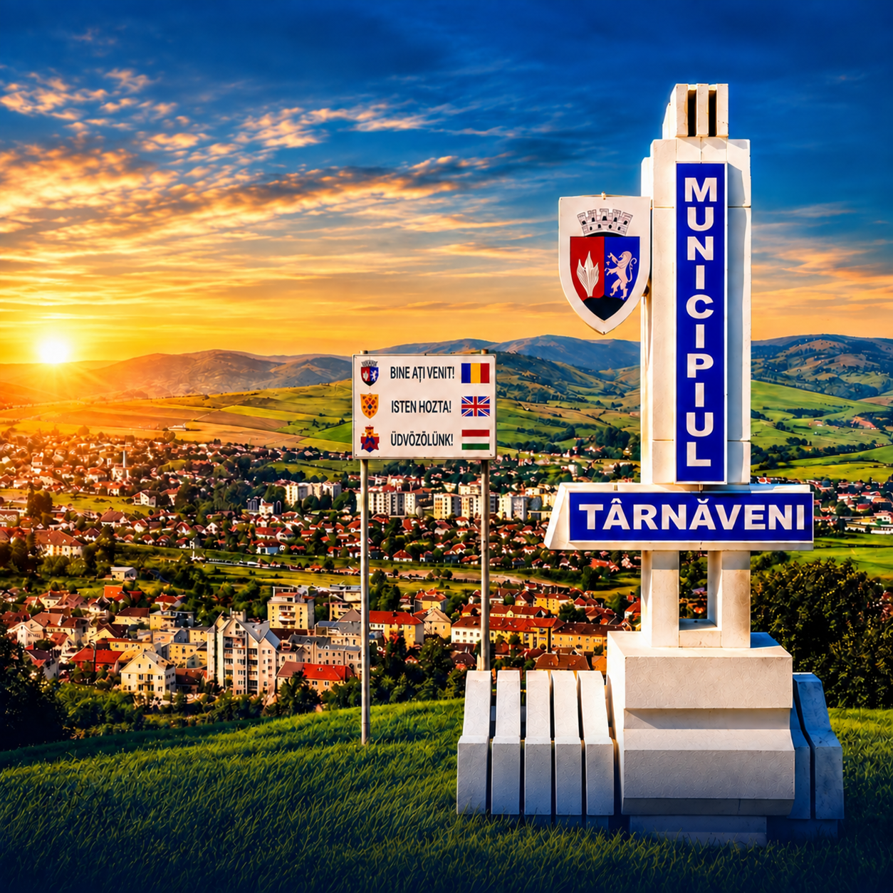 Târnăveni Marketplace — panorama orașului la apus și monumentul municipiului Târnăveni